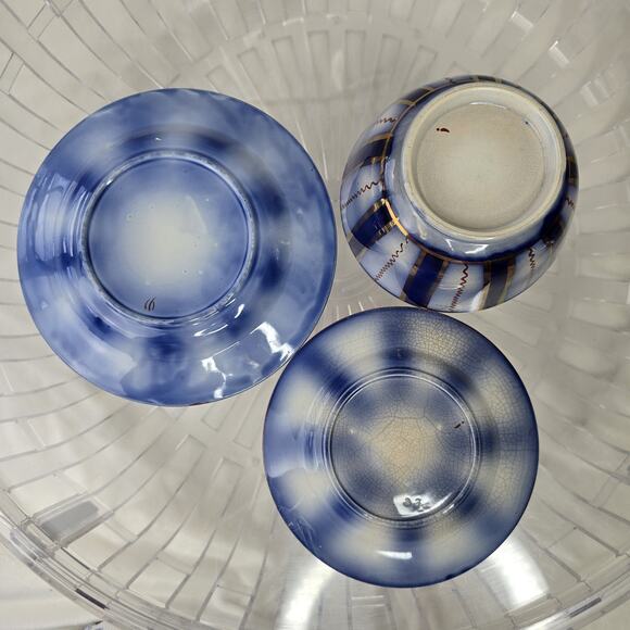 3 pc Gaudy Welsh Flow Blue Wagon Wheel  8" Plate 5" Bowl 6" Saucer Antique 1800s - Picture 6 of 10